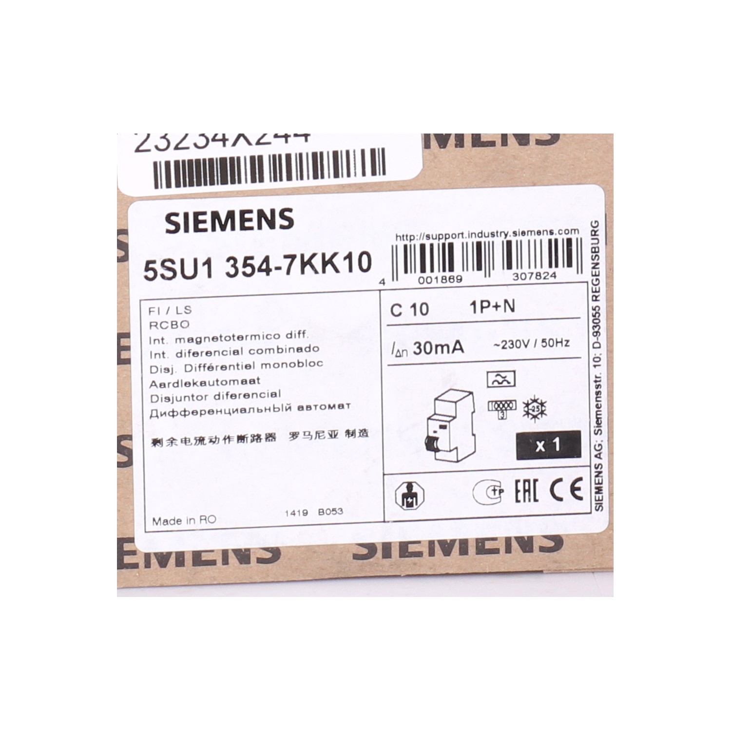 Siemens 5SU1354-7KK10 Mtd 10Ka 20Ka 1P + N C10 Type A 30Ma New NFP