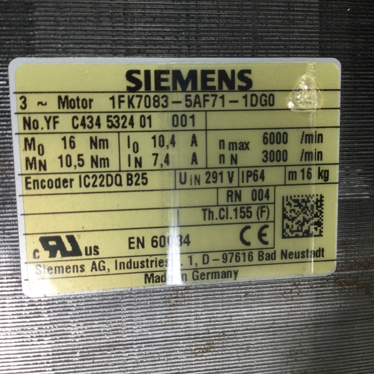 Siemens 1FK7083-5AF71-1DG0 SIMOTICS Synchronous servo motor 1FK7